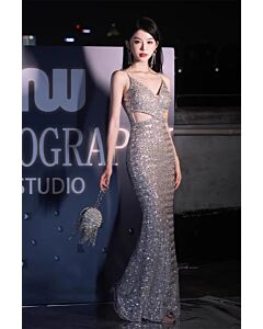 Silver Mirage – Spaghetti-Strap Cutout Sequin Gown