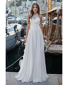 High-Neck Lace Bodice Flowy Maxi Dress with Long Train for Formal Events