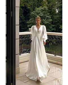 V-Neck Puff Sleeve A-Line Gown with Long Train for Evening Events