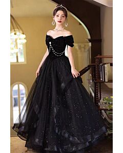 Pearl Nocturne – Off-Shoulder Tulle Ball Gown with Pearl Drapes