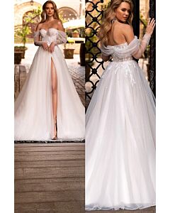 Off-the-Shoulder Lace Bodice Tulle Ball Gown with High Slit and Long Train for Formal Events