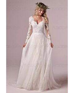 Long-Sleeve V-Neck Lace Tulle Gown with Long Train for Wedding Events