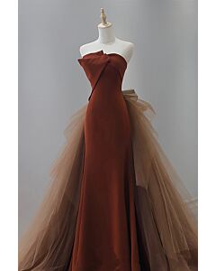  Elegant Rustic Brown Off-Shoulder Evening Gown - Luxe Tulle Ball Gown with Fluffy Bow for Engagement and Formal Events