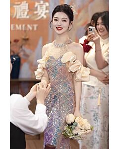 Champagne Iridescent Halter Sequin Gown with Ruffle Sleeves – Perfect for Weddings and Formal Events