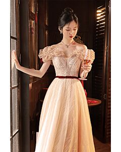 Blush Elegance Off-Shoulder Gown – Beaded Tulle with Bow Detail