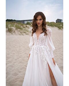 Lace V-Neck Long  Gown with High Slit and Long Train for Beach Weddings
