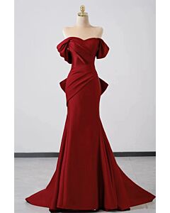 Burgundy Off-the-Shoulder Draped Mermaid Gown – Perfect for Weddings and Formal Soirees