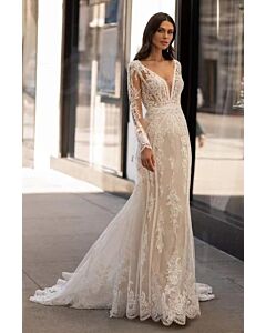 Deep V-Neck Long Sleeve Lace Mermaid Gown with Long Train for Evening Events