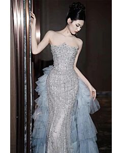 Romantic – Puffy Sleeve Velvet Tulle Ball Gown with Scalloped Neckline