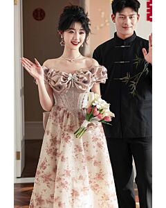 Blush Ruffled Off-the-Shoulder Floral Gown – Perfect for Weddings and Festive Occasions