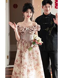 Blush Harmony – Off-Shoulder Floral Jacquard Ball Gown with Ruffled Bow Details