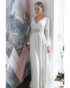 V-Neck Long Sleeve Lace Trim Gown with Long Train for Formal Events