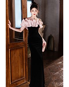 Petal Noir – Off-Shoulder Velvet Mermaid Gown with Pink Ruffles