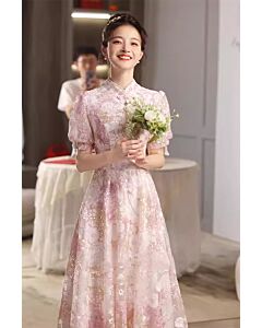 Blush Floral Mandarin-Collar Lace Gown – Perfect for Weddings and Special Occasions