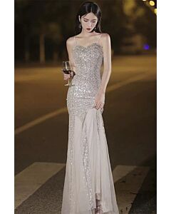 Silver Sequin Spaghetti-Strap Mermaid Gown – Perfect for Weddings and Formal Events
