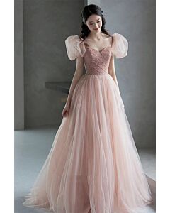 Blush Fairy Tulle Gown – Puffy Sleeves & Embroidered Bodice