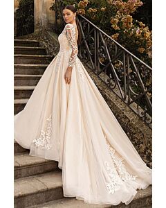Long-Sleeve Lace Ball Gown with Full Skirt and Long Train for Formal Events