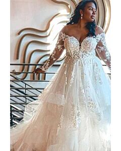 Off-the-Shoulder Long-Sleeve Lace Ball Gown with Long Train for Formal Events