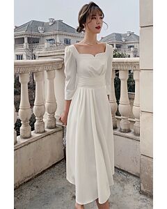 Chic Square Neckline White Dress with Elegant Puff Sleeves – Perfect for Casual Events and Parties