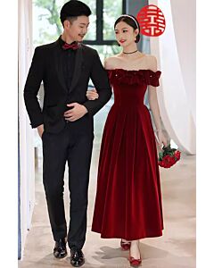 Crimson Velvet Off-Shoulder Gown with Ruffled Detail – Perfect for Formal Events and Weddings
