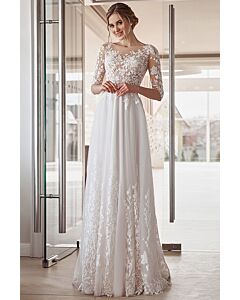 Lace-Overlay A-Line Gown with Illusion Neckline for Formal Events