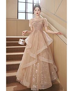 Champagne Bow Tiered Tulle Ball Gown – Perfect for Weddings and Formal Occasions