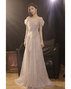 Lavender Sequin Beaded Gown with Tulle Puff Sleeves – Perfect for Evening Parties and Formal Events