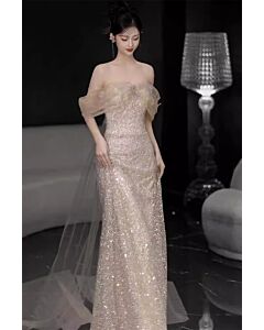 Champagne Glittering Strapless Gown with Tulle Off-Shoulder Detail – Perfect for Weddings and Gala Events