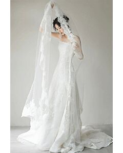  Celestial Lace – Strapless A-Line Bridal Gown with Scalloped Veil