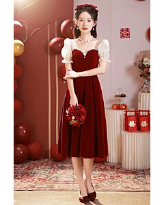 Burgundy Velvet Midi Dress with Puff Sleeves and Pearl Embellishments – Perfect for Parties and Celebrations