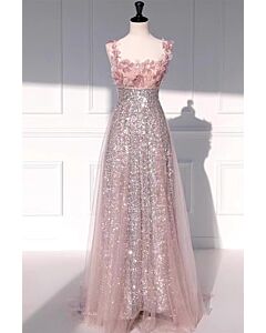 Blush Pink Floral Appliqué Sequin Gown with Tulle Overlay – Perfect for Weddings and Formal Events