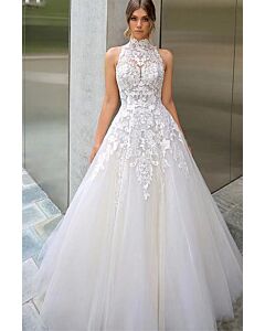 High-Neck Lace Appliqué Ball Gown with Long Train for Formal Events