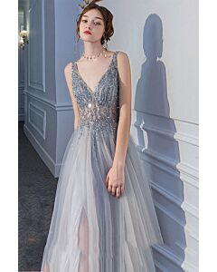 Silver Beaded V-Neck Tulle Gown with Slit – Perfect for Evening Soirees and Formal Events