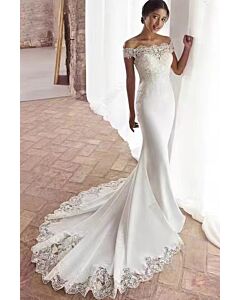 Off-the-Shoulder Lace and Satin Mermaid Gown with Long Train for Formal Events