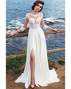Lace Illusion Neckline High-Slit Gown with Long Train for Formal Events