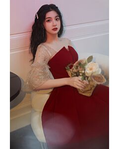 Red Velvet Sweetheart Gown with Sheer Pearl Sleeves – Perfect for Formal Events and Special Occasions