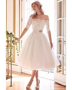 Off-the-Shoulder Lace Bodice Tulle Tea-Length Dress for Formal Events