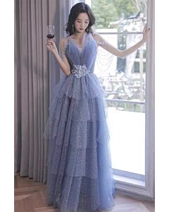 Dusty Blue Tiered Tulle Gown with Shoulder Drapes – Perfect for Weddings and Formal Events