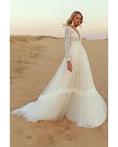 Lace Long-Sleeve V-Neck Tulle Gown with Long Train for Formal Events
