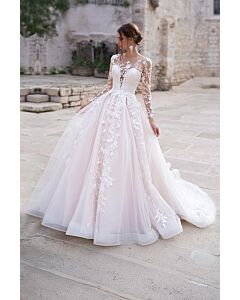 Lace Illusion Neckline Sleeve Ball Gown Long Train for Formal Events
