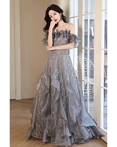 Silver Ruffle Off-Shoulder Ball Gown – Perfect for Weddings and Formal Events