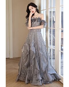 Twilight Elegance – Off-Shoulder Ruffled Sequin Tulle Gown