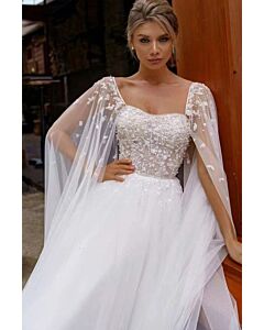 Square Neckline Beaded Bodice Ball Gown with Long Train for Formal Events