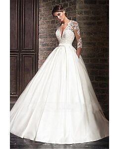 Lace Illusion Long-Sleeve Ball Gown with Long Train for Formal Events