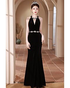 Midnight Empress – Halter Velvet Mermaid Gown with Crystal Accents