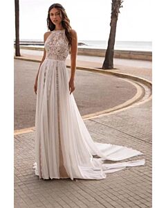 High-Neck Lace Bodice Flowy Tulle Gown with Long Train for Beach Weddings
