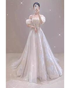 Graceful Off-Shoulder White Tulle Gown with Puffy Sleeves – Ideal for Weddings and Formal Events
