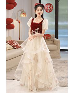 Romantic Burgundy Velvet and White Tulle Gown with Floral Embroidery – Perfect for Weddings and Formal Occasions