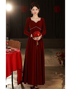 Crimson Velvet Long-Sleeve Gown with Lace Detail – Perfect for Weddings and Formal Events