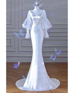White Satin Mermaid Gown with Puffy Tulle Sleeves – Ideal for Elegant Evening Parties and Weddings